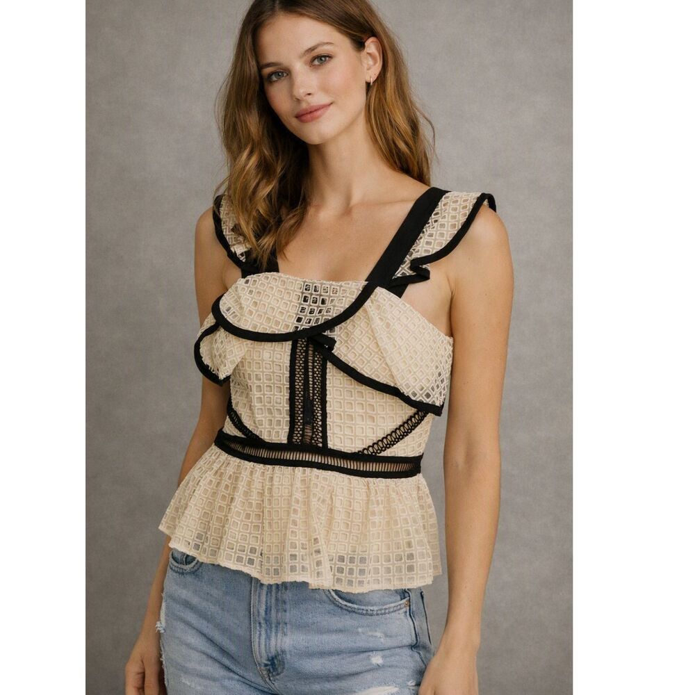 Self‑Portrait Cream Lace Peplum Top – Black Trim, Ruffled Straps, Size 4-UK 8